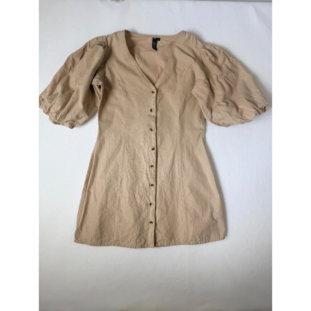 Influence Beige Cotton Linen Button Front Mini Dress Puff Sleeve Size US 10